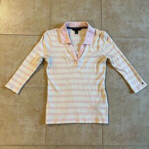 Tommy Hilfiger Women's Size Small (S) Polo Shirt 3/4 Sleeves Pink White Stripe
